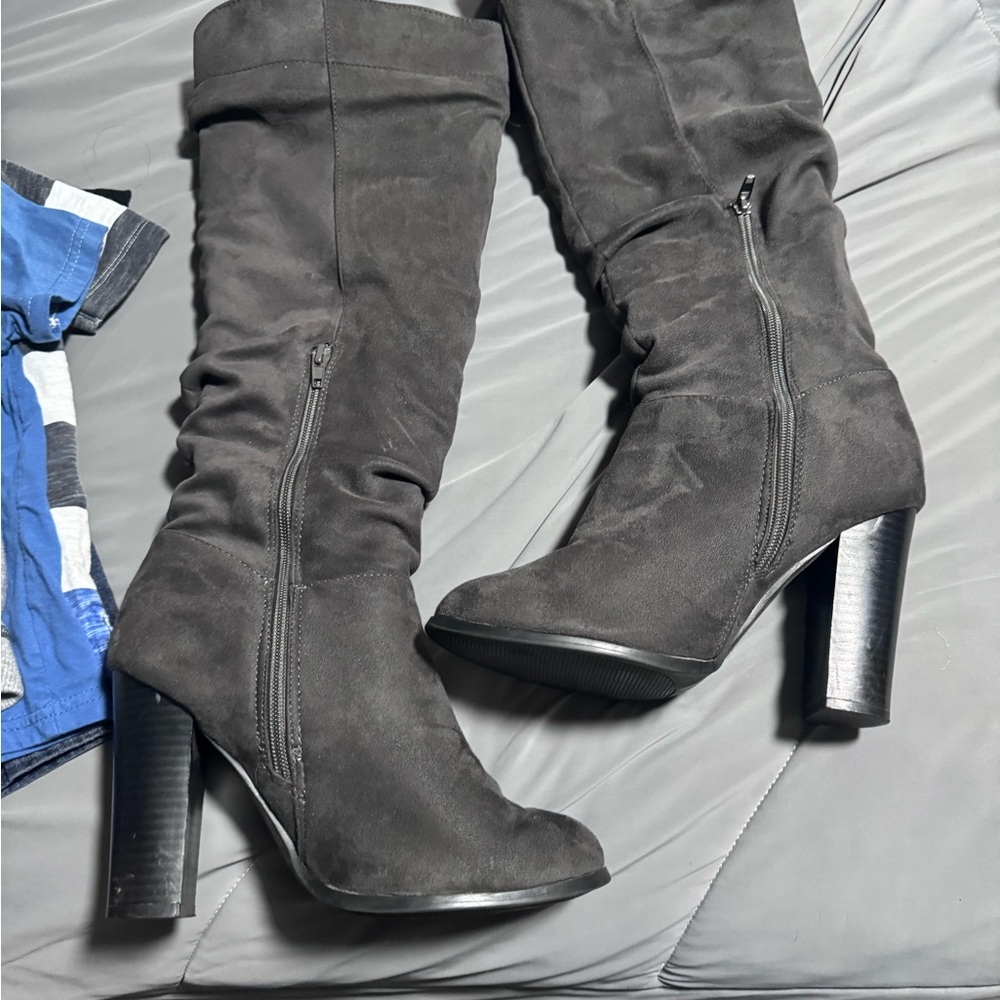 Charcoal grey heeled boots